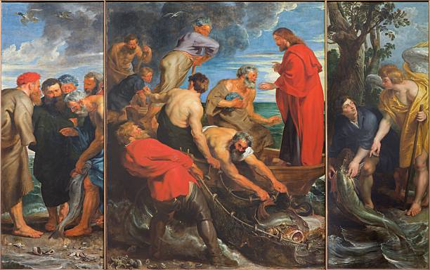 Mechelen - The Miracle fishing triptych by Rubens Mechelen - The Miracle fishing triptych (1618) by Peter Paul Rubens in church Our Lady across de Dyle. peter the apostle stock illustrations