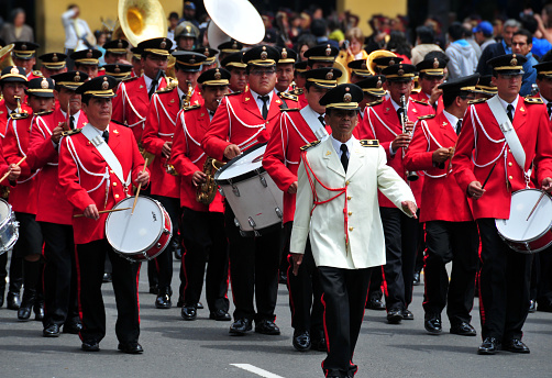 Lima, Peru - September 12, 2009: Peruvian National Police marching band marching in Plaza de Armas, part of the change of the guard parade