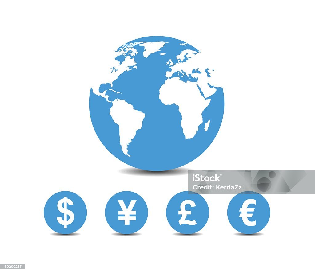 world currencies icons world currencies icons under map of world Japan stock vector