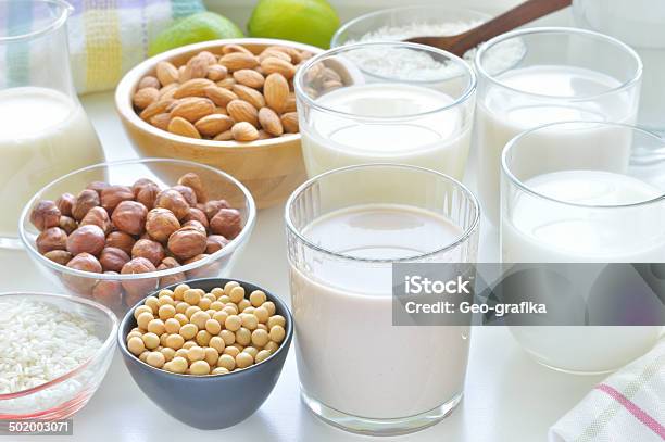 Different Vegan Milks Stock Photo - Download Image Now - Milk, Nut - Food, Almond Milk