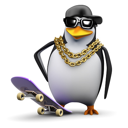 3d render of a penguin posing with skateboard