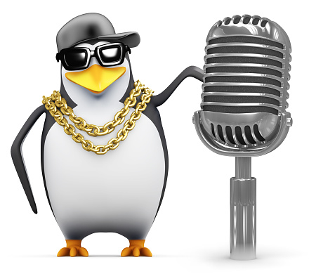 3d render of a penguin with an old retro radio microphone
