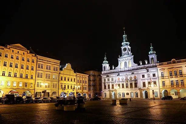 Ceske Budejovice (Budweis) main town square and town hall at night.