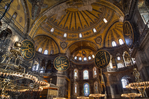 Inside the historical architecture of greatest basilica of Istanbul: Hagia Sophia.