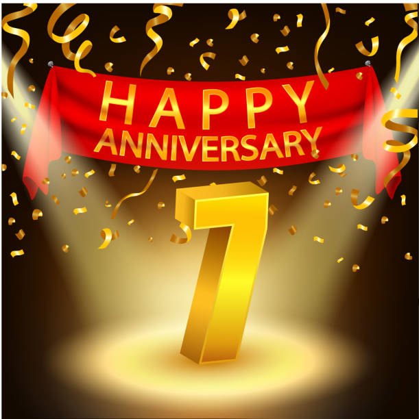 Happy 7th Anniversary celebration with golden confetti and spotlight Vector Illustration Of Happy 7th Anniversary celebration with golden confetti and spotlight accent nails stock illustrations