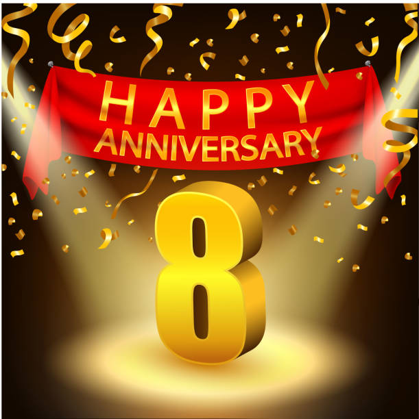Happy 8th Anniversary celebration with golden confetti and spotlight Vector Illustration Of Happy 8th Anniversary celebration with golden confetti and spotlight accent nails stock illustrations