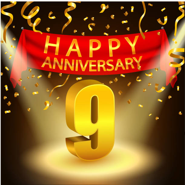 Happy 9th Anniversary celebration with golden confetti and spotlight Vector Illustration Of Happy 9th Anniversary celebration with golden confetti and spotlight accent nails stock illustrations