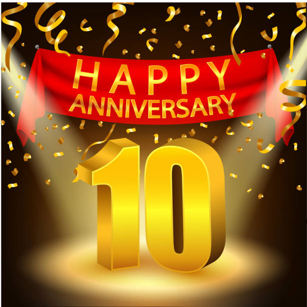 Happy 10th Anniversary celebration with golden confetti and spotlight Vector Illustration Of Happy 10th Anniversary celebration with golden confetti and spotlight accent nails stock illustrations