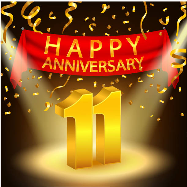 Happy 11th Anniversary celebration with golden confetti and spotlight Vector Illustration Of Happy 11th Anniversary celebration with golden confetti and spotlight accent nails stock illustrations
