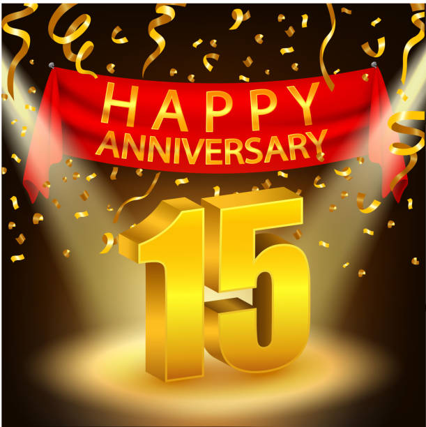 Happy 15th Anniversary celebration with golden confetti and spotlight Vector Illustration Of Happy 15th Anniversary celebration with golden confetti and spotlight accent nails stock illustrations