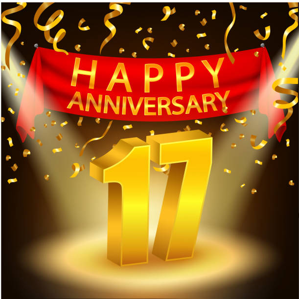 Happy 17th Anniversary celebration with golden confetti and spotlight Vector Illustration Of Happy 17th Anniversary celebration with golden confetti and spotligh accent nails stock illustrations