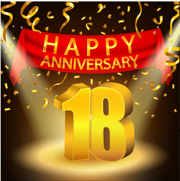 Happy 18th Anniversary celebration with golden confetti and spotlight Vector Illustration Of Happy 18th Anniversary celebration with golden confetti and spotlight accent nails stock illustrations