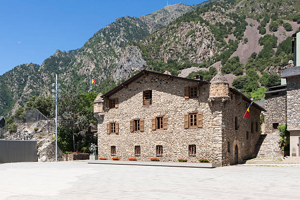 Andorra la Vella, Andorra - July 9, 2015: Casa de la Vall is a historical house in Andorra la Vella, nowadays the headquarters of the General Council of Andorra