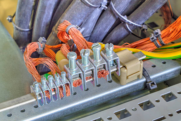 istock Grounding terminals and wires in industrial electrical control cubicle 502012272