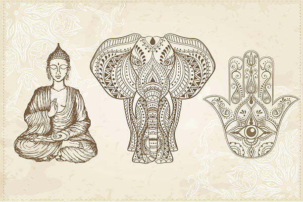 illustrations, cliparts, dessins animés et icônes de hamsa indian réalisées à la main avec des d'aveugle - tantric buddhism