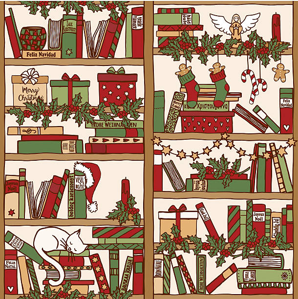 weihnachten bücherregal - book titles shelf library stock-grafiken, -clipart, -cartoons und -symbole