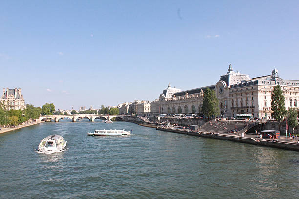 View from Passerelle Léopold-Sédar-Senghor east East view from Passerelle Léopold-Sédar-Senghor bridge over the seine river in Paris toward Musée d'Orsay musee dorsay stock pictures, royalty-free photos & images