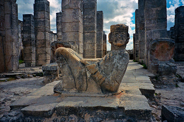 Chac Mool Portrait Statue of Mayan god Chac Mool at Chichen Itza, Yucatan, Mexico. chichen itza photos stock pictures, royalty-free photos & images