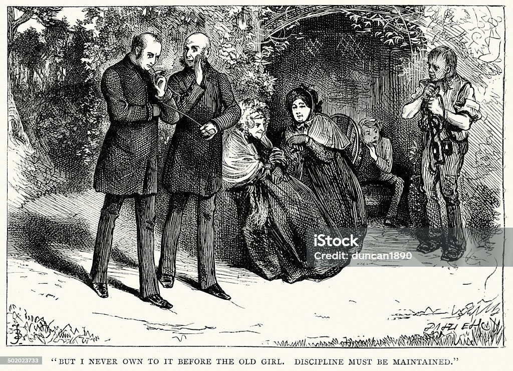 Bleak House Vintage engraving from the works of Charles Dickens. From Bleak House. But I never own to it before the old gal. Discipline must be maintained. Whispering stock illustration