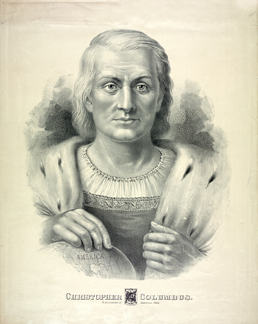 This drawing features the portrait of Christopher Columbus, discoverer of America.