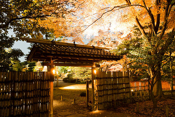 A Torii in the lush Japanese Garden at the Brooklyn Botanical Gardens in new York.