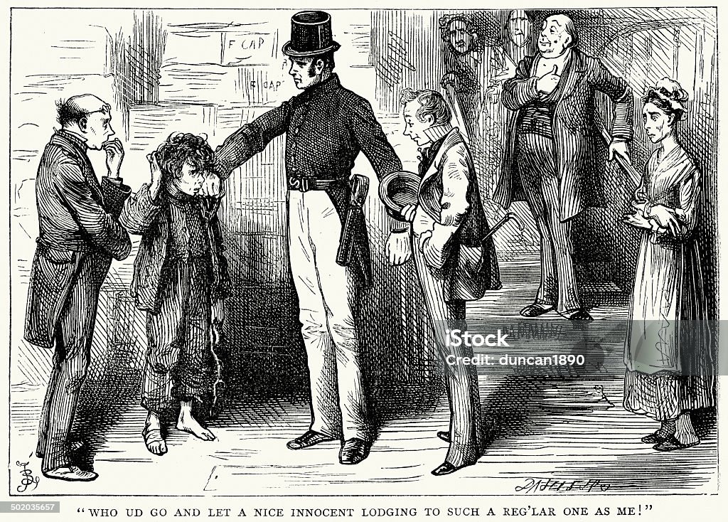 Bleak House Vintage engraving from the works of Charles Dickens. From Bleak House. Who ud go and let a nice innocent lodging to such a reg'lar one as me ! Charles Dickens stock illustration