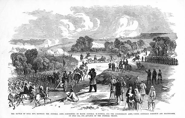 The Battle of Bull Run Engraving of the Battle of Bull Run, Between the Federal Army, commanded by Major General McDowell, and the Confederate Army, Under Generals Johnston and Beauregard, on July 21st, 1861 from "Famous Leaders and Battle Scenes of the Civil War," Published in 1864. Copyright has expired on this artwork. Digitally restored. manassas stock illustrations