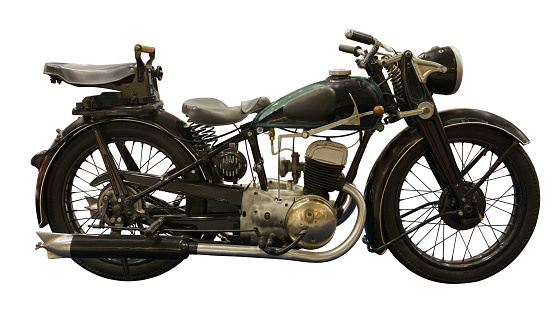Prewar motorcycle isolated on white background.
