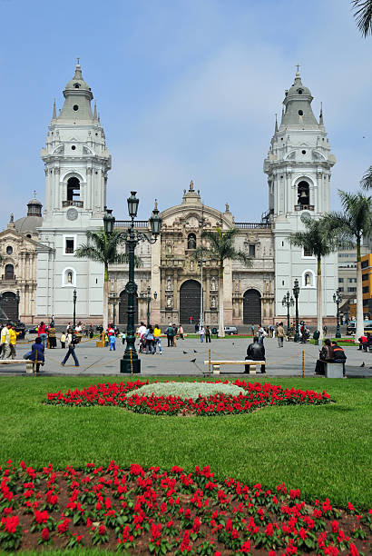Lima, Peru - Cathedral - Plaza de Armas Lima, Peru: the Cathedral and flowers on Plaza de Armas - Francisco Pizarro's remains are in the interior - Spanish colonial architecture - photo by M.Torres francisco pizarro stock pictures, royalty-free photos & images