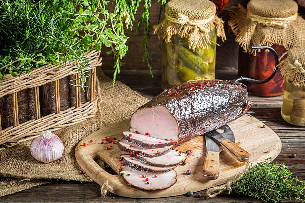 istock Pantry with mortars, smoked ham and  herbs 502037307