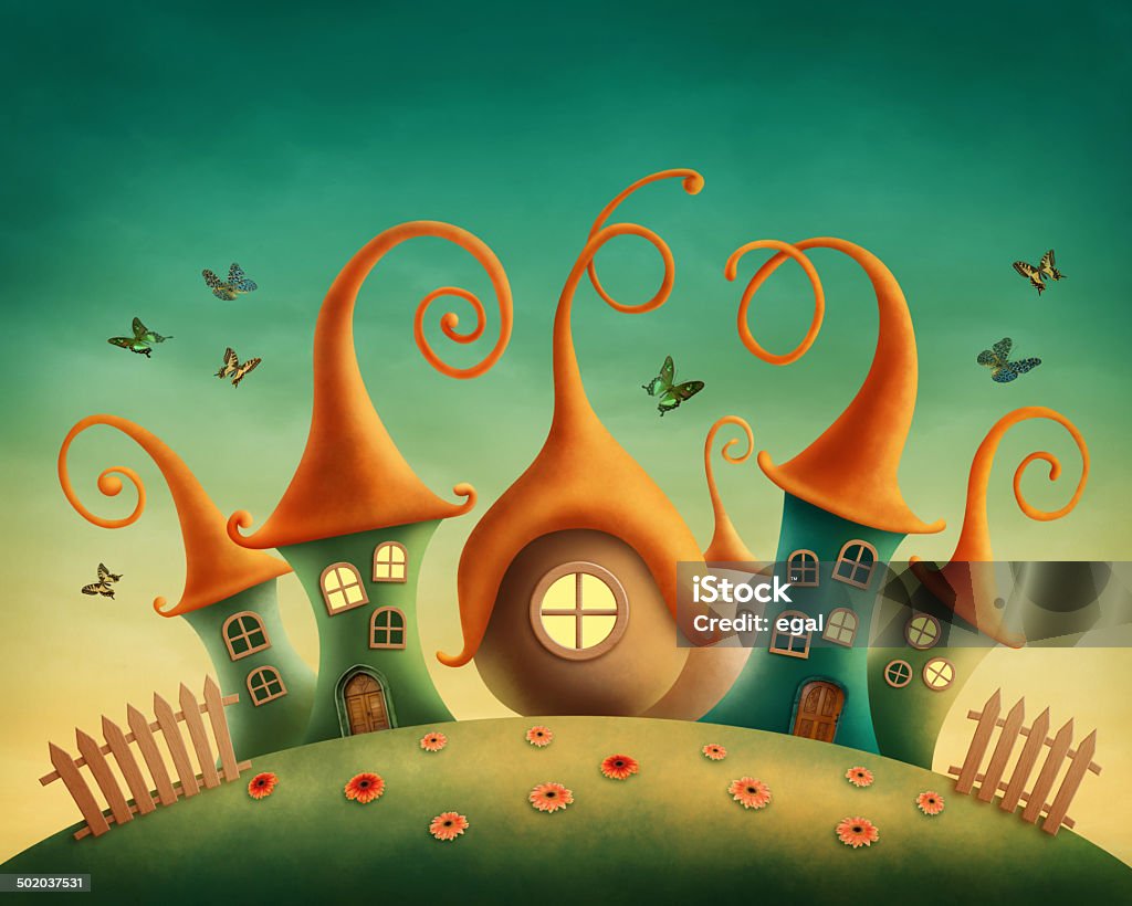 Fantasy houses Fantasy houses in the meadow Castle stock illustration