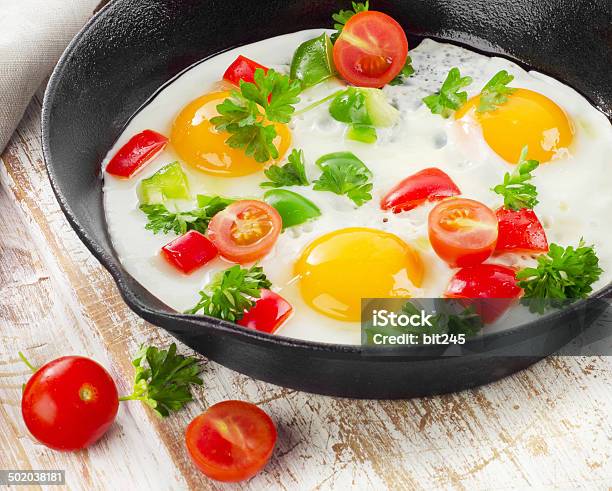 Fried Eggs Stock Photo - Download Image Now - Breakfast, Cherry Tomato, Close-up