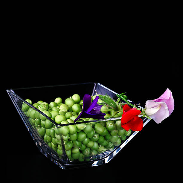 Fresh green peas with buds in a glass vase