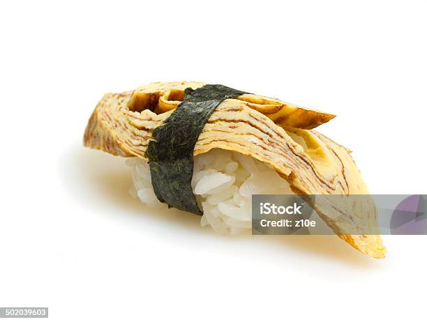 Tamago Sushi Nigiri Isolated On White Background Stock Photo - Download Image Now - Appetizer, Close-up, Cooked