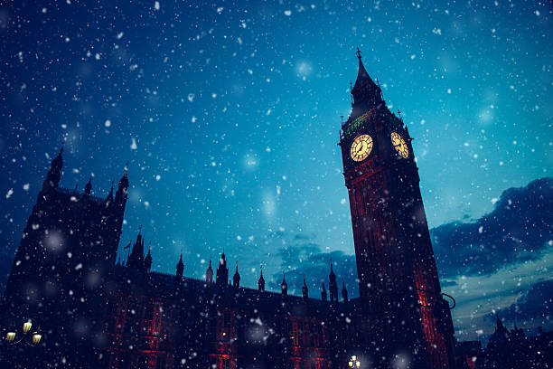 Christmas snow in London Christmas snow in London clock tower stock pictures, royalty-free photos & images