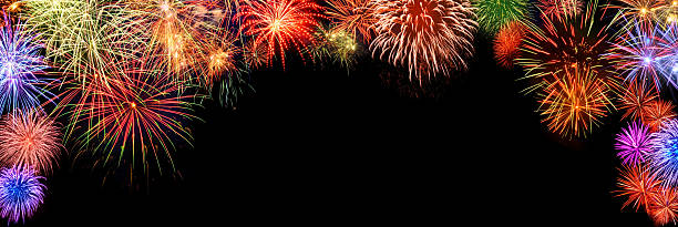 istock Colorful fireworks, arch shaped border on black 502046036