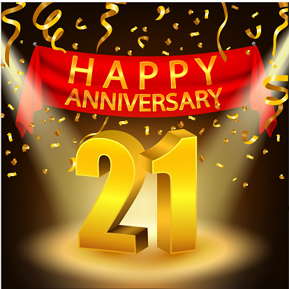 Vector Illustration Of Happy 21st Anniversary celebration with golden confetti and spotlight