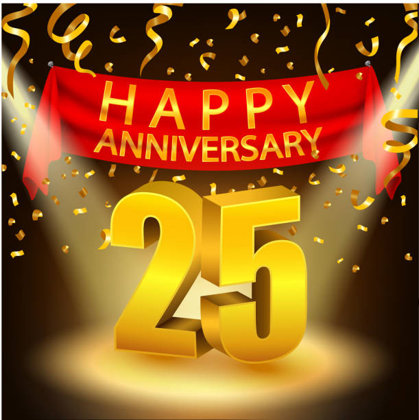 Happy 25th Anniversary celebration with golden confetti and spotlight Vector Illustration Of Happy 25th Anniversary celebration with golden confetti and spotlight 20 29 years stock illustrations