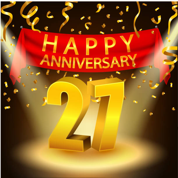 Happy 27th Anniversary celebration with golden confetti and spotlight Vector Illustration Of Happy 27th Anniversary celebration with golden confetti and spotlight accent nails stock illustrations