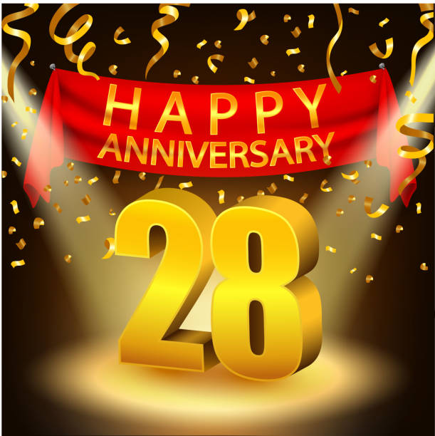 Happy 28th Anniversary celebration with golden confetti and spotlight Vector Illustration Of Happy 28th Anniversary celebration with golden confetti and spotlight accent nails stock illustrations