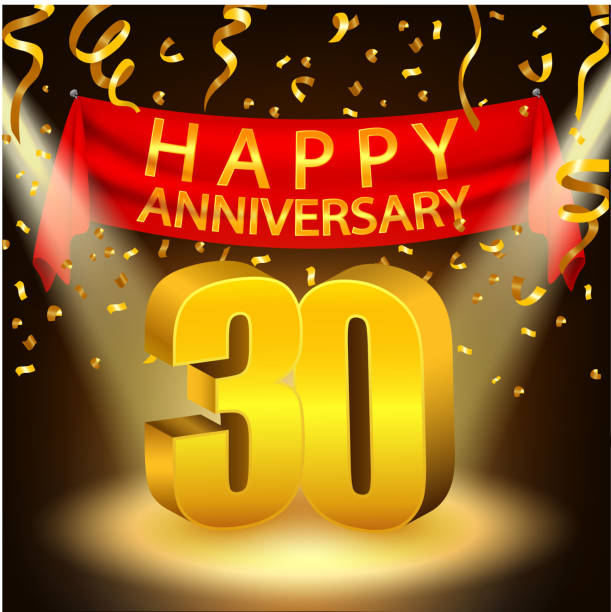 Happy 30th Anniversary celebration with golden confetti and spotlight Vector Illustration Of Happy 30th Anniversary celebration with golden confetti and spotlight accent nails stock illustrations