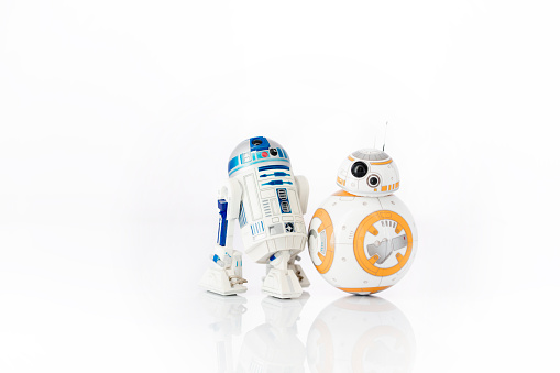 istanbul, Turkey - December 13, 2015: Portrait of BB-8 and R2-D2, Star Wars movie characters. BB-8 appears in The Force Awakens episode