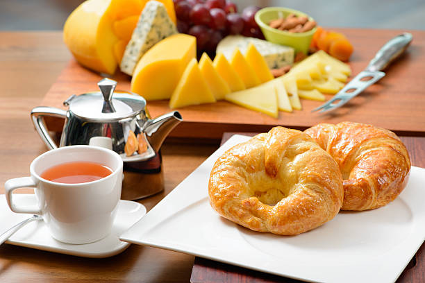 Continental breakfast with croissant, tea and cheese