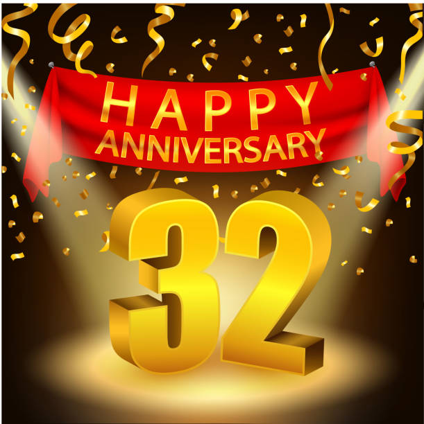 Happy 32nd Anniversary celebration with golden confetti and spotlight Vector Illustration Of Happy 32nd Anniversary celebration with golden confetti and spotlight accent nails stock illustrations