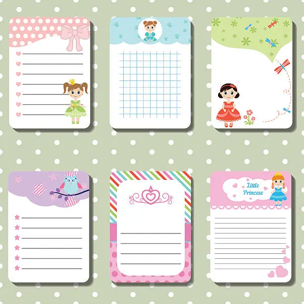 Vector illustration of Cute cards, notes, stickers, labels, tags with princess theme design.