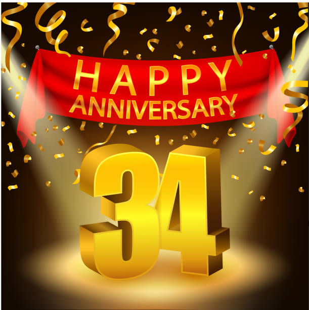 Happy 34th Anniversary celebration with golden confetti and spotlight Vector Illustration Of Happy 34th Anniversary celebration with golden confetti and spotlight accent nails stock illustrations