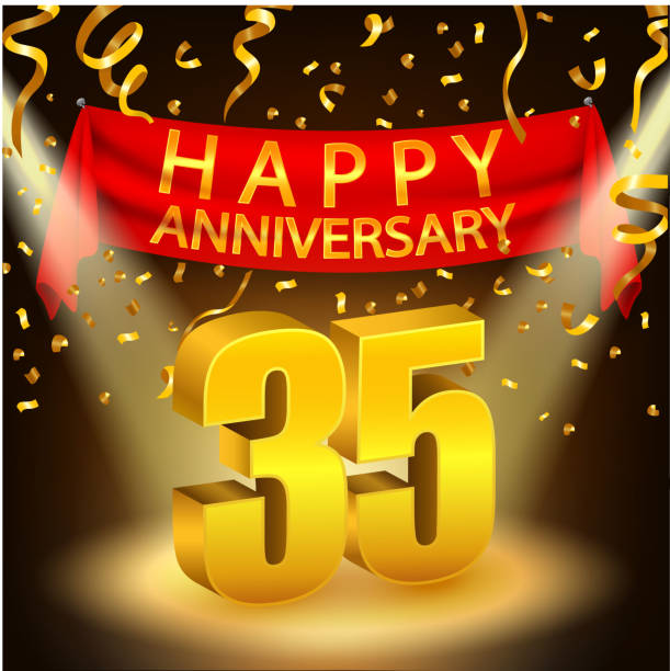 Happy 35th Anniversary celebration with golden confetti and spotlight Vector Illustration Of Happy 35th Anniversary celebration with golden confetti and spotlight accent nails stock illustrations