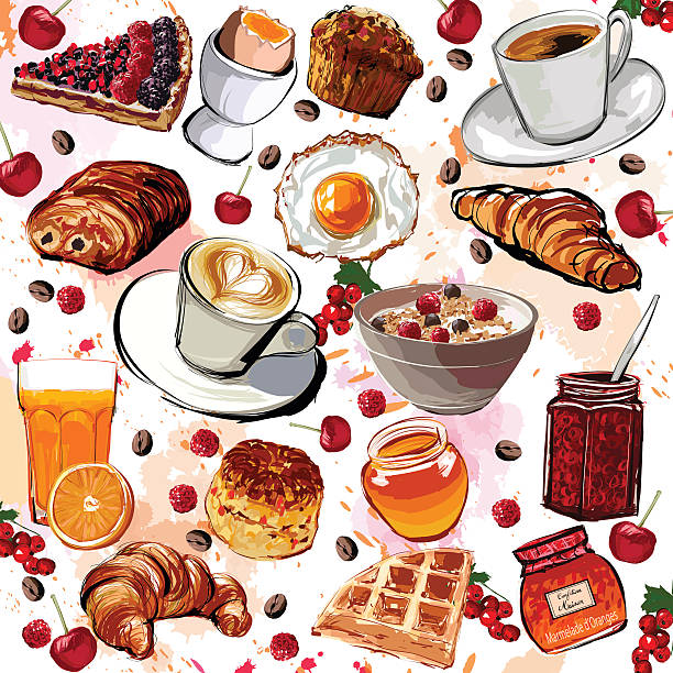 illustrazioni stock, clip art, cartoni animati e icone di tendenza di set di colazione - cafe breakfast coffee croissant