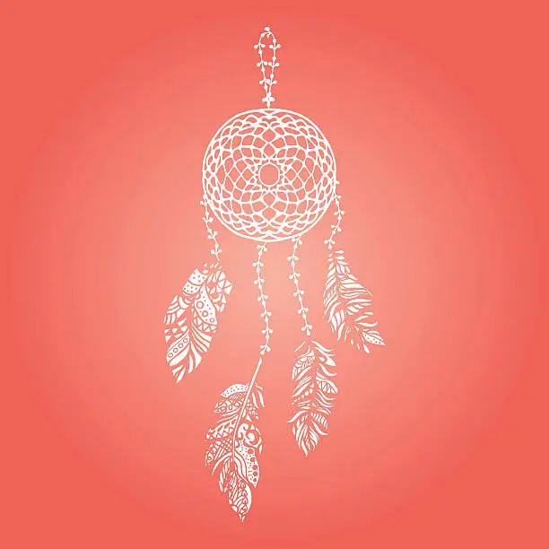 Vector illustration of Hand drawn vector white dream catcher with feathers on red