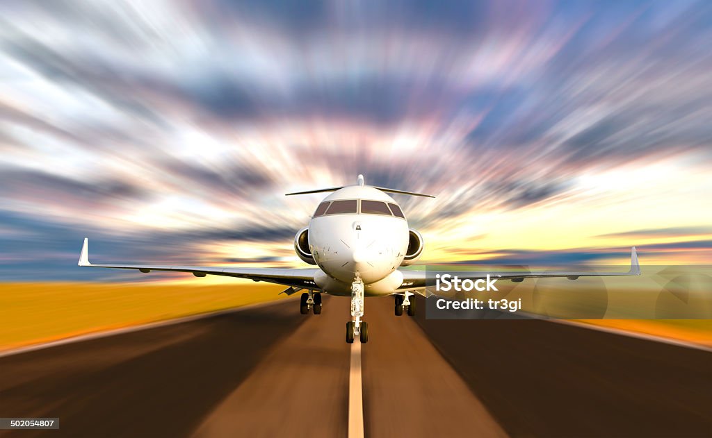 Private Jet Plane Taking off with Motion Blur Front of Private Jet Plane Taking off with Motion / Radial  Blur. Sunset Scene Corporate Jet Stock Photo